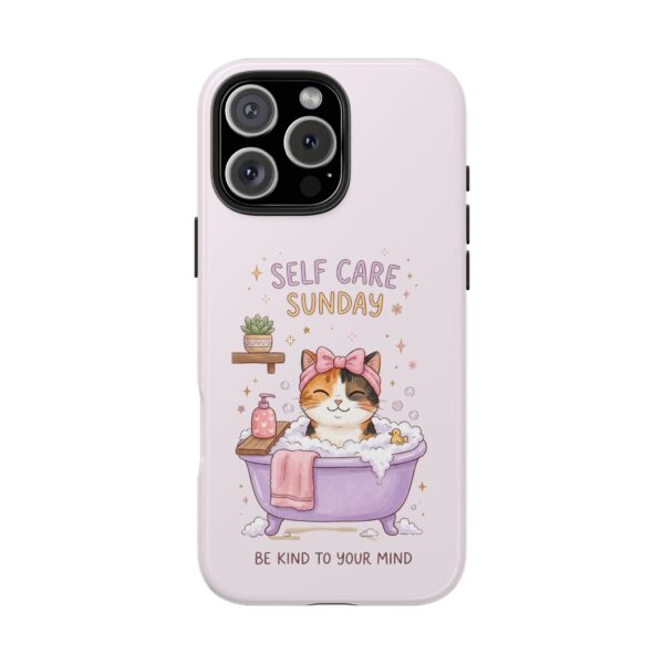 Self Care Cozy Sunday Cat Phone Case — Cute Pastel Tough Phone Cover (Be Kind to Your Mind)