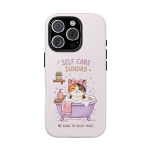 Self Care Cozy Sunday Cat Phone Case — Cute Pastel Tough Phone Cover (Be Kind to Your Mind)